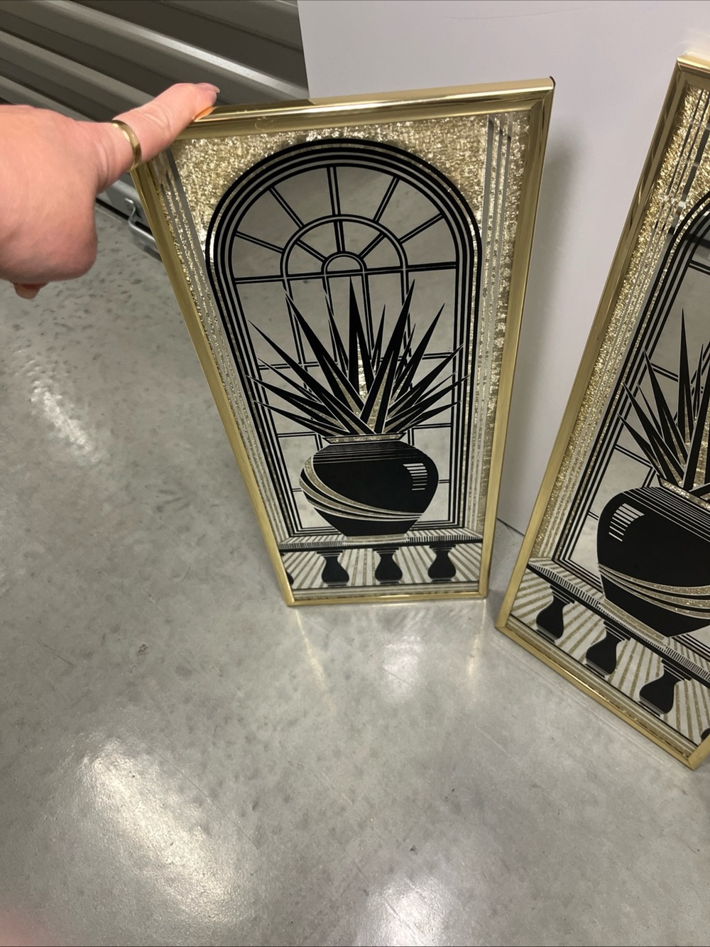 Vintage 80’s Gold Black Plant Vase Etched Mirrors Wall Art Pair Wall Decor - Picture 4 of 11